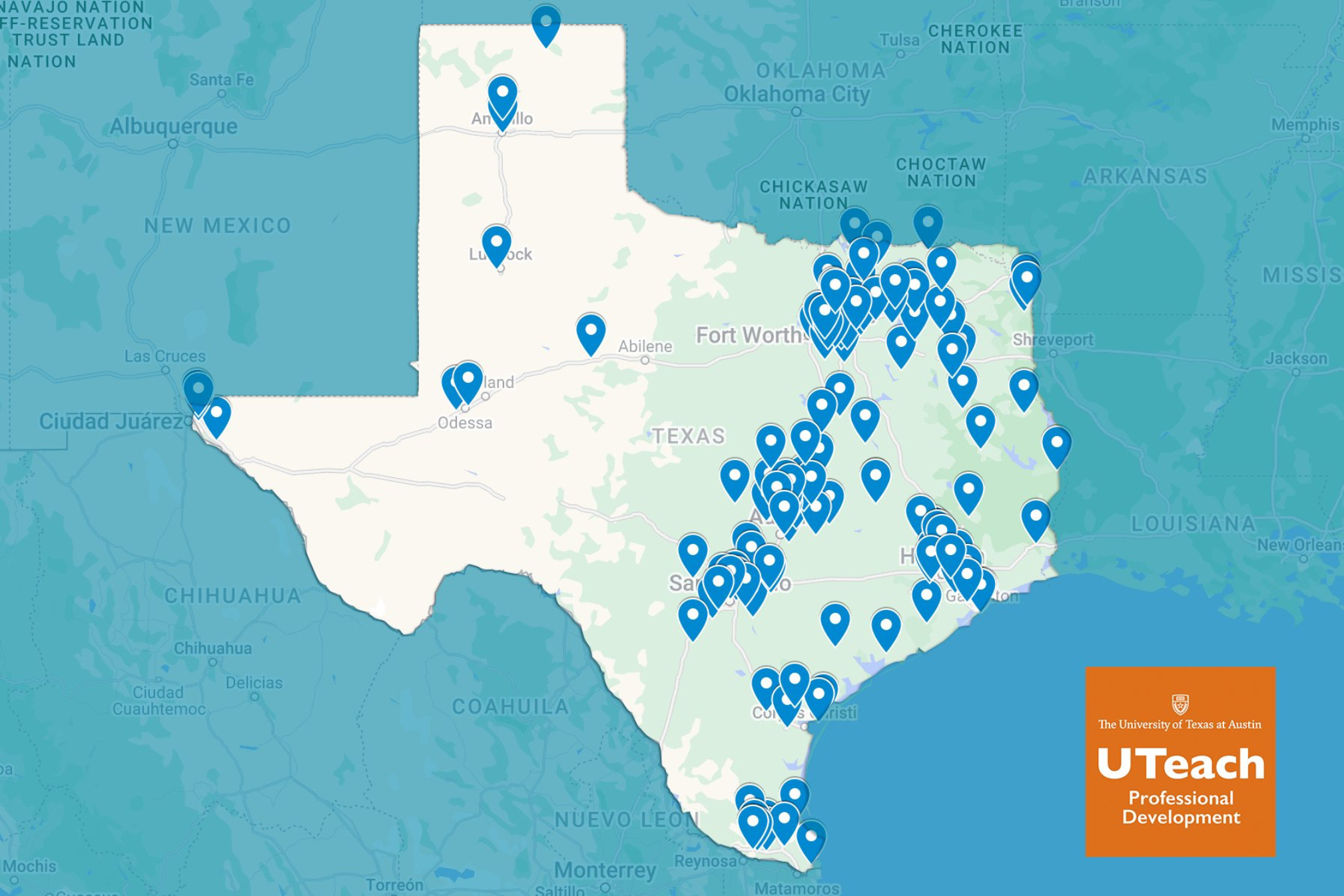 Map of PD sites in Texas - blue version