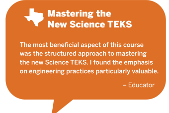 The most beneficial aspect of this course  was the structured approach to mastering  the new Science TEKS. I found the emphasis  on engineering practices particularly valuable.